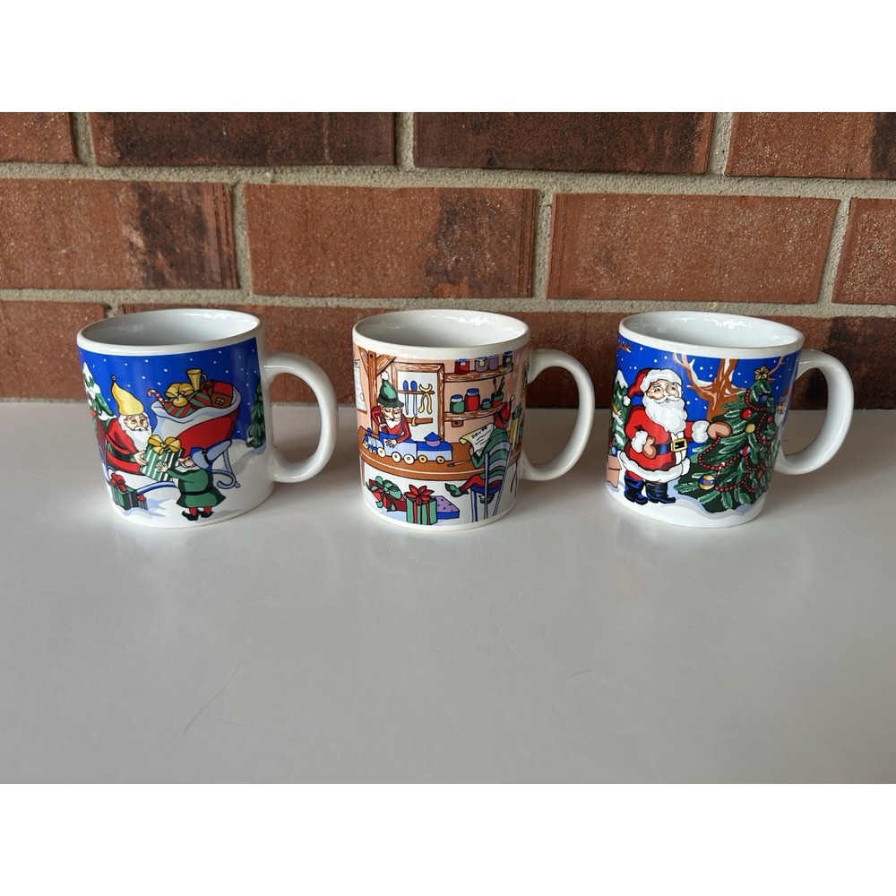 3 Vintage 1994 Sakura Christmas Mugs Sue Zipkin Designs, Snowman, Santa, Elves